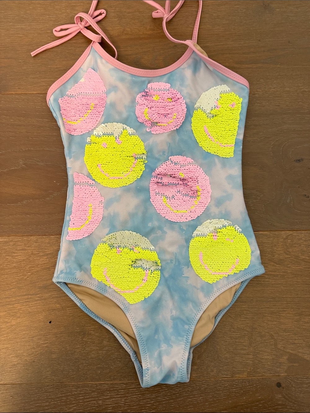 Girls Pink & Neon Yellow Sequin Smile One-Piece Swimsuit